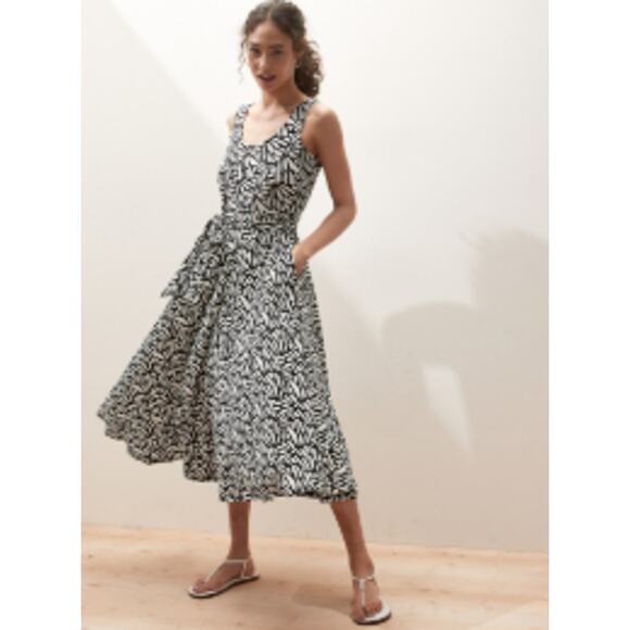 Banana Republic Sleeveless Tie Waist Midi Dress Black & White Pockets Size Small - Picture 1 of 10